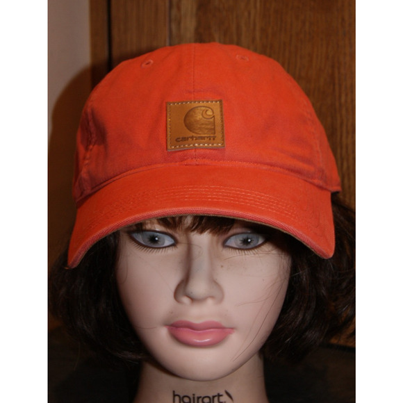 Carhartt Leather Patch Coral Orange Hat Cap Casual Fit OSFA - Picture 2 of 7